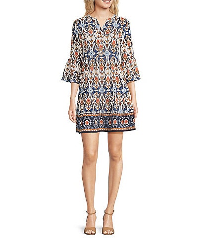 Leslie Fay 3/4 Flutter Sleeve Floral Print Shirt Dress
