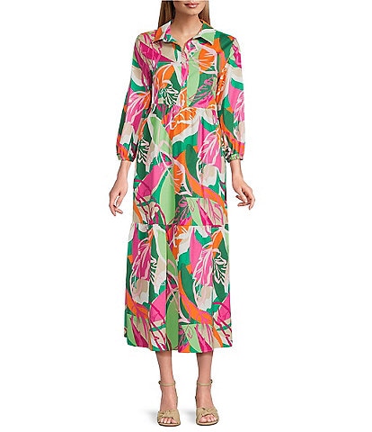 Leslie Fay 3/4 Sleeve Floral Print Shirt Dress