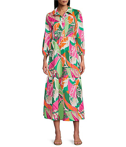 Leslie Fay 3/4 Sleeve Floral Print Shirt Dress