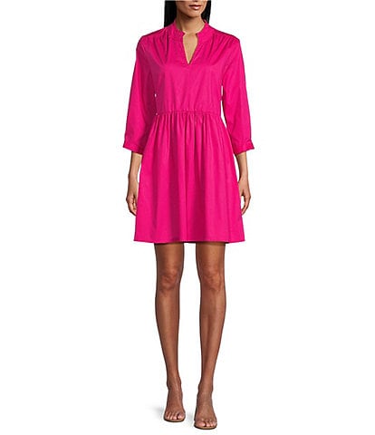 Leslie Fay 3/4 Sleeve Split V-Neck Cotton Poplin Dress