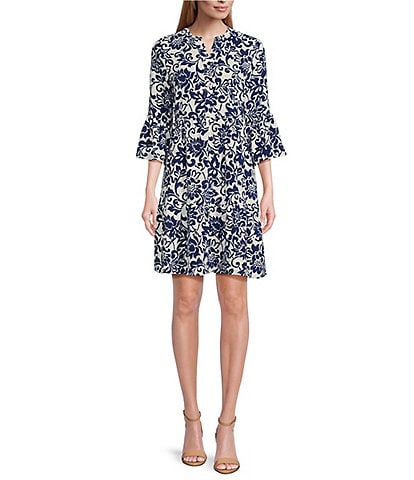 Leslie Fay 3/4 Sleeve Split V-Neck Printed A-Line Dress