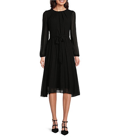 Leslie Fay Chiffon Crepe Round Neck Balloon Sleeves Pleated Belted Midi Dress