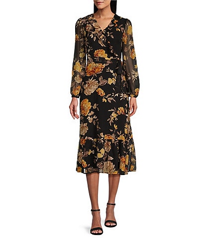 Leslie Fay Chiffon Ruffle V-Neck Balloon Sleeves Belted Midi Dress