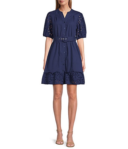 Leslie Fay Cotton Poplin Fit and Flare Eyelet Dress