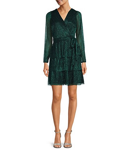 Leslie Fay Crinkle Lurex Long Sleeve Self-Tie Belt Surplice V-Neck Tiered Fit and Flare Ruffle Dress