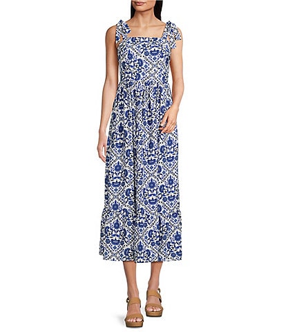 Leslie Fay Floral Print Flounce Hem Square Neck Sleevless Midi Dress
