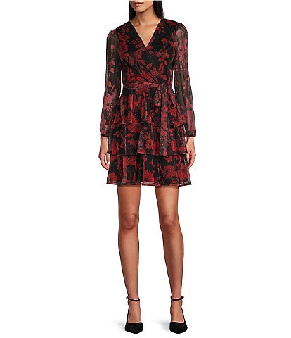 Leslie Fay Floral Print Mesh Surplice V-Neck Balloon Sleeve Ruffle Hem Fit & Flare Dress