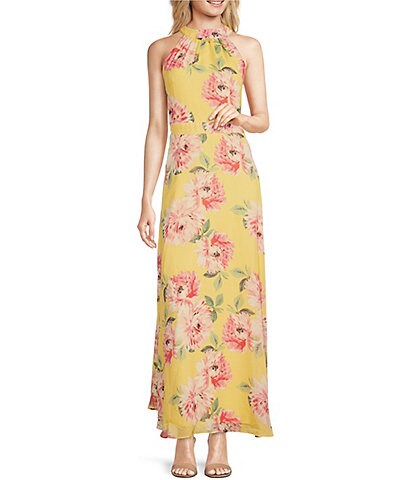 Leslie Fay Floral Print Sleeveless Halter Neck Chiffon Maxi Dress