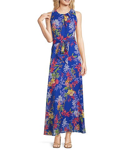 Leslie Fay Floral Print Sleeveless Jewel Neck Chiffon Maxi Dress