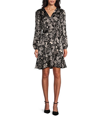 Leslie Fay Floral Print Stretch Matte Satin Surplice V-Neck Long Sleeve Ruffle Hem Fit & Flare Dress