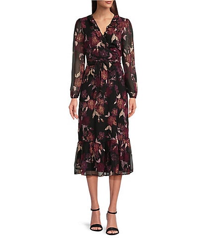 Leslie Fay Long Sleeve Surplice Ruffle V-Neck Floral Faux Wrap Midi Dress