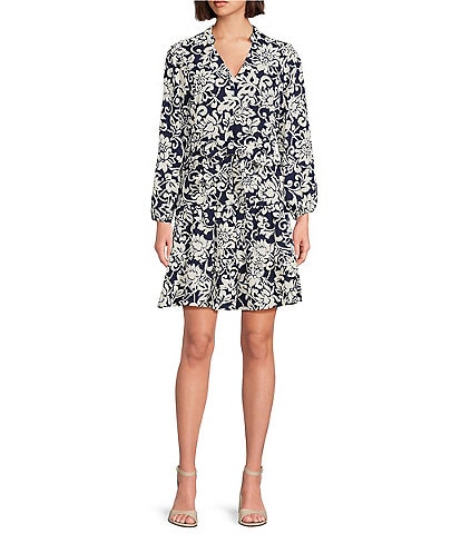 Leslie Fay Long Sleeve V-Neck Floral Print Tiered Fit and Flare Dress