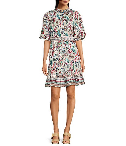 Leslie Fay Poplin Mandarin Collar Puff Sleeve Belted Fit and Flare Dress