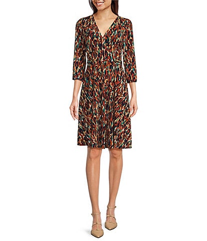 Leslie Fay Printed Surplice V-Neck 3/4 Sleeves Tab Waist Dress