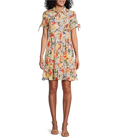 Leslie Fay Short Sleeve Collar Neck Printed Fit And Flare Dress