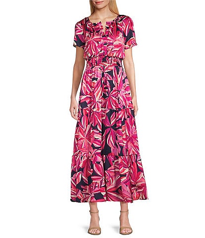 Leslie Fay Short Sleeve Split Round Neck Smocked Waist Printed Midi Dress