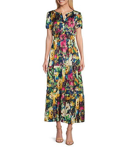 Leslie Fay Short Sleeve Split V-Neck Floral Maxi Dress