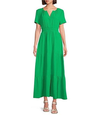 Leslie Fay Short Sleeve Split V-Neck Tiered Skirt Smocked Waist Maxi Dress