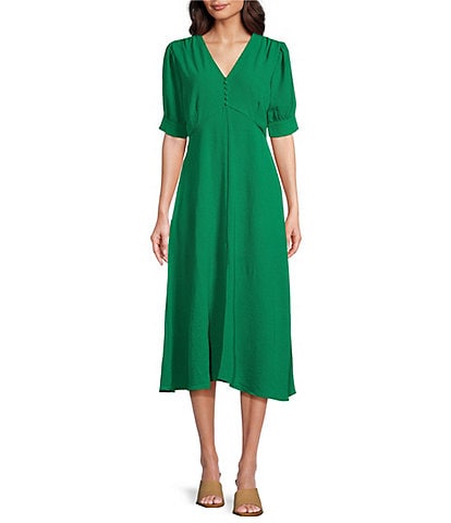 Leslie Fay Short Sleeve V-Neck Empire Waist Midi Dress