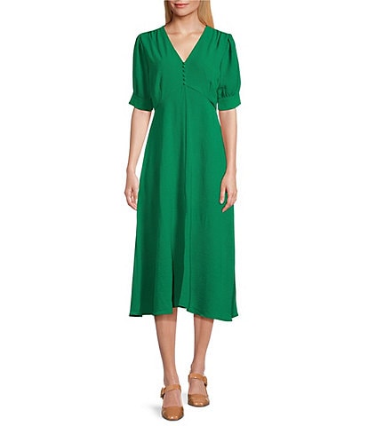 Leslie Fay Short Sleeve V-Neck Empire Waist Midi Dress