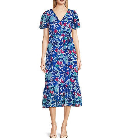 Leslie Fay Short Split Sleeve V-Neck Flounce Skirt Floral Midi Dress