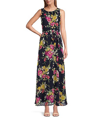 Leslie Fay Sleeveless Crew Neck Floral Chiffon Maxi A-Line Dress
