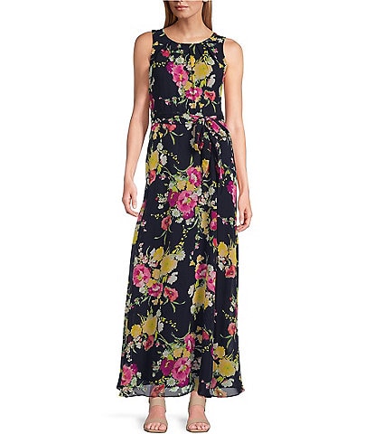 Leslie Fay Sleeveless Crew Neck Floral Chiffon Maxi A-Line Dress