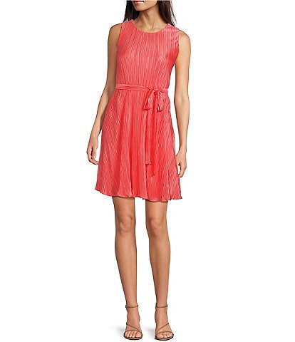Leslie Fay Sleeveless Crew Neck Tie Waist Pleated Fit And Flare Dress