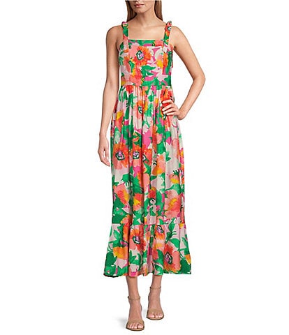 Leslie Fay Sleeveless Tie Strap Square Neck Floral Print Flounce Midi A-Line Dress