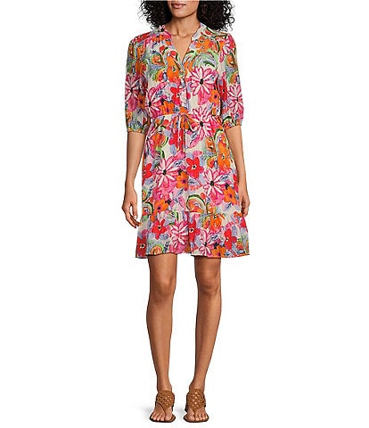 Leslie Fay Split V-Neck Cinched Waist Button Front Dress