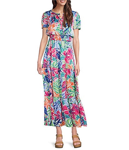Leslie Fay Split V-Neck Elastic Waist Floral Print Maxi Dress