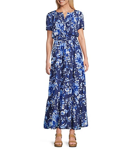 Leslie Fay Split V-Neck Short Sleeve Floral Print Maxi Dress
