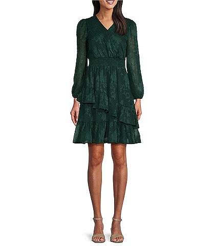 Leslie Fay V-Neck Long Balloon Sleeve Ruffle Hem Dress