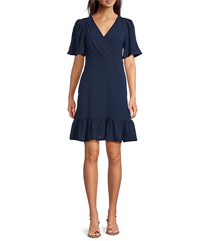 Leslie Fay V-Neck Short Sleeve Fit and Flare Dress