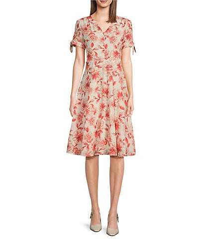 Leslie Fay V-Neck Short Tie Sleeve Mock Button Front Fit and Flare Dress