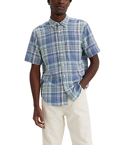 Levi'® Classic Fit Short Sleeve Multi Plaid Linen Blend Woven Point Collar Button Down Shirt