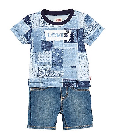 Levi's® Baby 12-24 Months Raglan Sleeve Patchwork Jersey T-Shirt & Denim Shorts Set