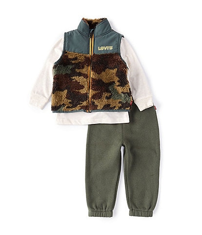 Levi's® Baby Boys 12-24 Months Long Sleeve Graphic Tee, Camo Print Vest, & Fleece Jogger Pants 3-Piece Set