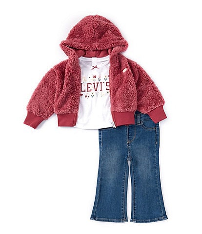 Levi's® Baby Girls 12-24 Months Hooded Fleece Jacket, Short-Sleeve Jersey T-Shirt & Four-Pocket Flare-Leg Denim Jeans Set