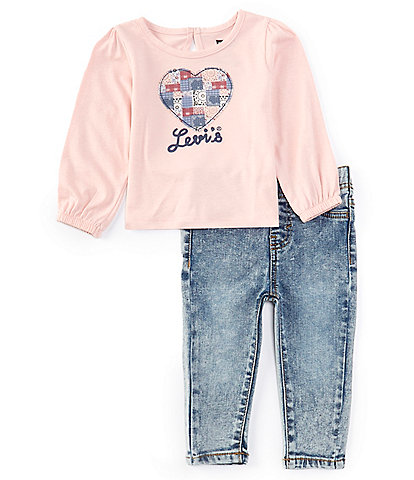 Levi's® Baby Girls 12-24 Months Puff Sleeve Patchwork Heart T-Shirt & Four-Pocket Jeans Set