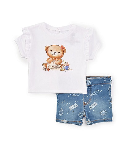 Levi's® Baby Girls 12-24 Months Ruffle-Sleeve Bear Graphic T-Shirt & Printed Stretch Sateen Shorts Set