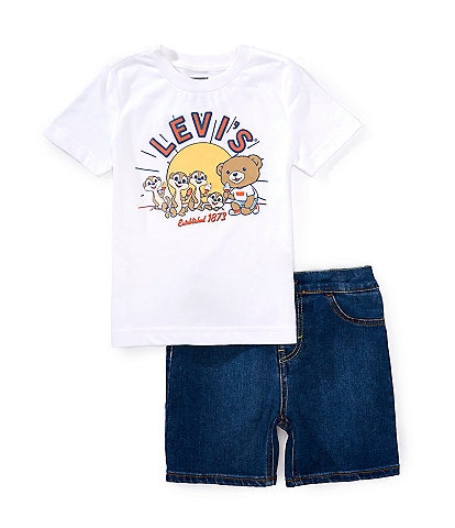 Levi's® Little Boys 2T-4T Short Sleeve Color Block Bear-Graphic T-Shirt & Denim Elastic-Back Shorts Set