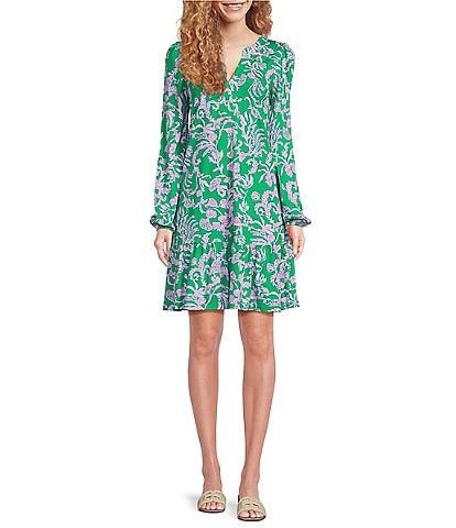 Lilly Pulitzer Alyssa Supima Cotton Jersey Split V-Neck Long Sleeve Ruffle A-Line Dress