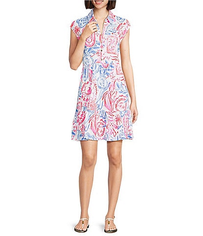 Lilly Pulitzer Arley Sun Sea Sand Print Notch Collar Cap Sleeve Tiered Shirt Dress