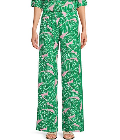 Lilly Pulitzer Bal Harbour Leaf Print Mid Rise Coordinating Wide Leg Plazzo Pants