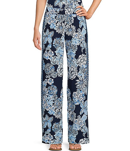 Lilly Pulitzer Bal Harbour Woven Navy Bouquet Print Mid Rise Wide Leg Coordinating Palazzo Pant