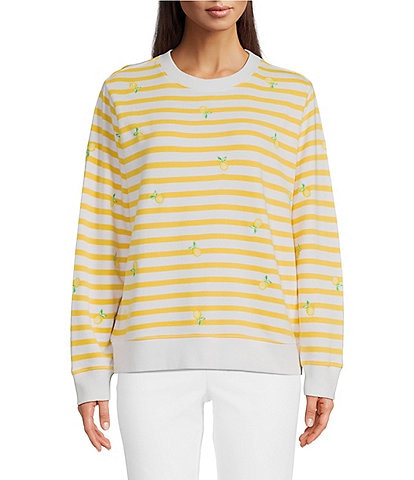 Lilly Pulitzer Ballad Stripe Lemon Fruit Print Embroidered Crew Neck Long Sleeve Sweatshirt