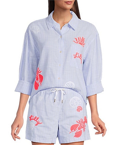 Lilly Pulitzer Bondi Jacaranda Beach Day Embroidered Seacret Stripe Print Point Collar Long Sleeve Coordinating Top