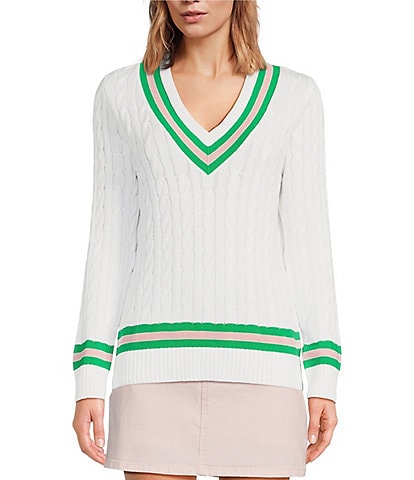 Lilly Pulitzer Brockton Cable Knit V-Neck Long Sleeve Stripe Detail Sweater