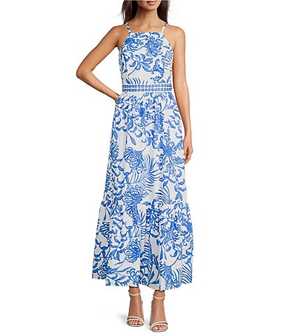 Lilly Pulitzer Charlese Cotton Poplin Floral Print Halter Neck Sleeveless Tie Back Maxi A-Line Dress